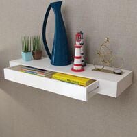 White MDF Floating Wall Display Shelf 1 Drawer Book/DVD Storage