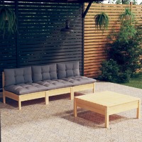 4 Piece Garden Lounge Set with Grey Cushions Pinewood