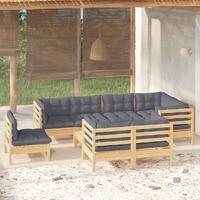 9 Piece Garden Lounge Set with Grey Cushions Solid Pinewood