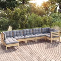 7 Piece Garden Lounge Set with Grey Cushions Solid Pinewood