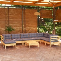 9 Piece Garden Lounge Set with Grey Cushions Solid Pinewood