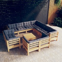 12 Piece Garden Lounge Set with Grey Cushions Solid Pinewood