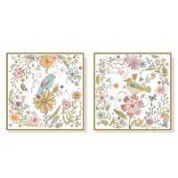 Wall Art 80cmx80cm Floral birds 2 Sets Gold Frame Canvas