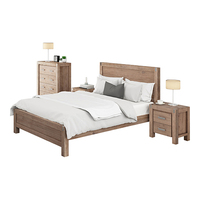 4 Pieces Bedroom Suite in Solid Wood Veneered Acacia Construction Timber Slat Double Size Oak Colour Bed, Bedside Table & Tallboy