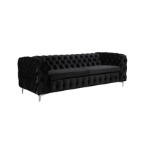 3 Seater Sofa Classic Button Tufted Lounge in Black Velvet Fabric with Metal Legs