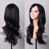 70cm Wavy Curly Sleek Full Hair Lady Wigs w Side Bangs Cosplay Costume Womens, Black