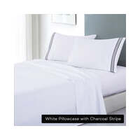 soft microfibre embroidered stripe sheet set king single white pillowcase charcoal stripe