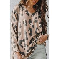 Azura Exchange Leopard Print V Neck Long Sleeve Top - L