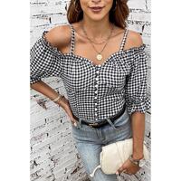 Azura Exchange Gingham Cold Shoulder Blouse - S