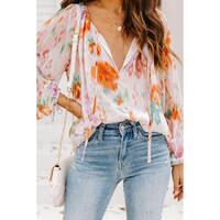 Azura Exchange Abstract Print Split Neck Puff Sleeve Blouse - XL