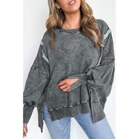 Azura Exchange Relaxed Fit Acid Wash Pullover Sweatshirt with Slit Details - L