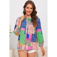 Azura Exchange Floral Patchwork Print Puff Sleeve Shirt - S