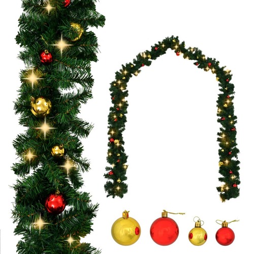 Christmas Garland Decorated with Baubles and LED Lights 10 m