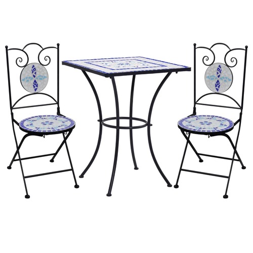 3 Piece Mosaic Bistro Set Ceramic Tile Blue and White