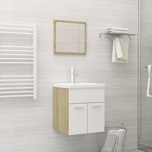 Bathroom Furniture Set White and Sonoma Oak Chipboard