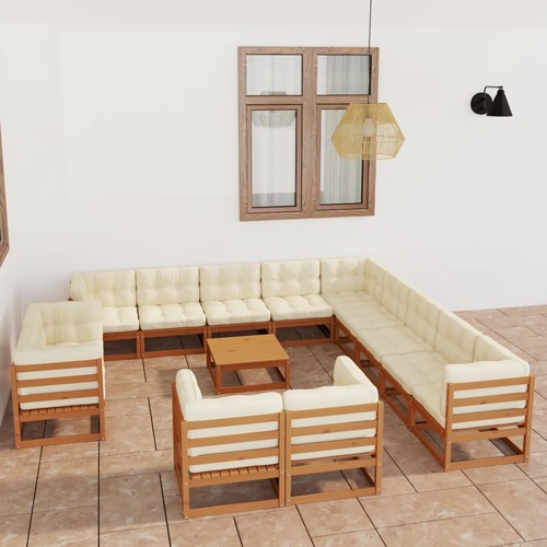 14 Piece Garden Lounge Set&Cushions Honey Brown Solid Pinewood