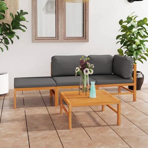 4 Piece Garden Lounge Set with Grey Cushions Solid Teak Wood