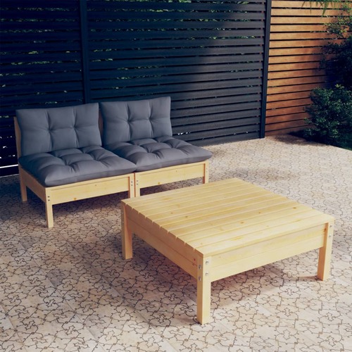 3 Piece Garden Lounge Set with Grey Cushions Pinewood