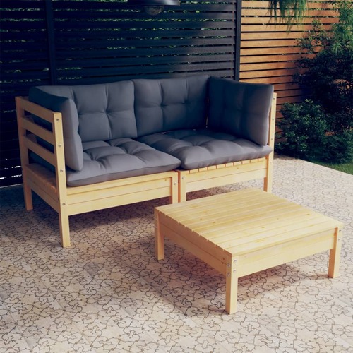 3 Piece Garden Lounge Set with Grey Cushions Pinewood