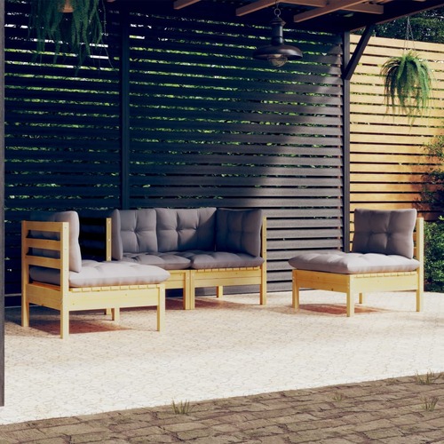 4 Piece Garden Lounge Set with Grey Cushions Solid Pinewood