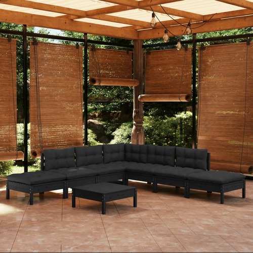 8 Piece Garden Lounge Set with Cushions Black Pinewood