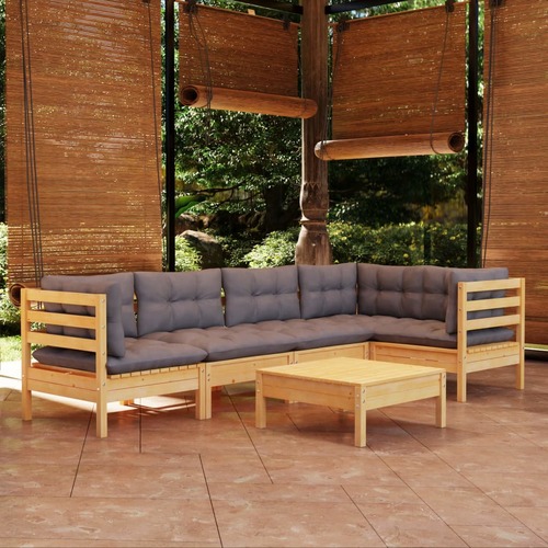 6 Piece Garden Lounge Set with Grey Cushions Pinewood