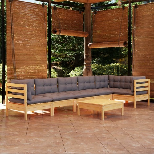 7 Piece Garden Lounge Set with Grey Cushions Pinewood