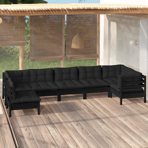 7 Piece Garden Lounge Set with Cushions Black Pinewood