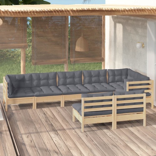 8 Piece Garden Lounge Set with Grey Cushions Solid Pinewood