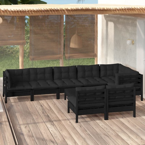 9 Piece Garden Lounge Set with Cushions Black Solid Pinewood