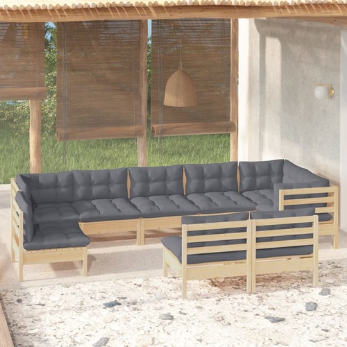 9 Piece Garden Lounge Set with Grey Cushions Solid Pinewood