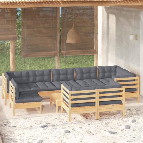 10 Piece Garden Lounge Set with Grey Cushions Solid Pinewood