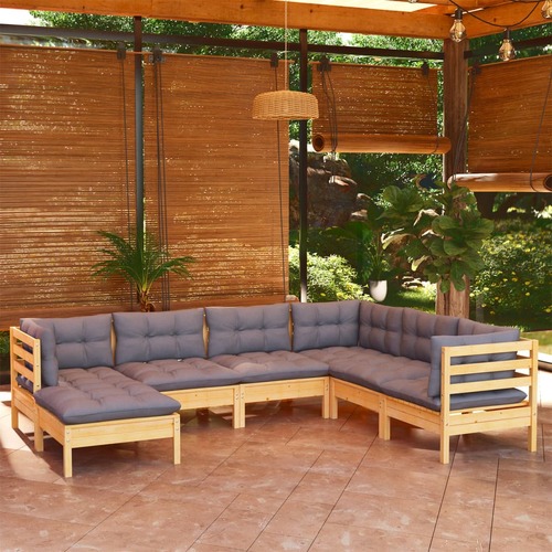 7 Piece Garden Lounge Set with Grey Cushions Solid Pinewood