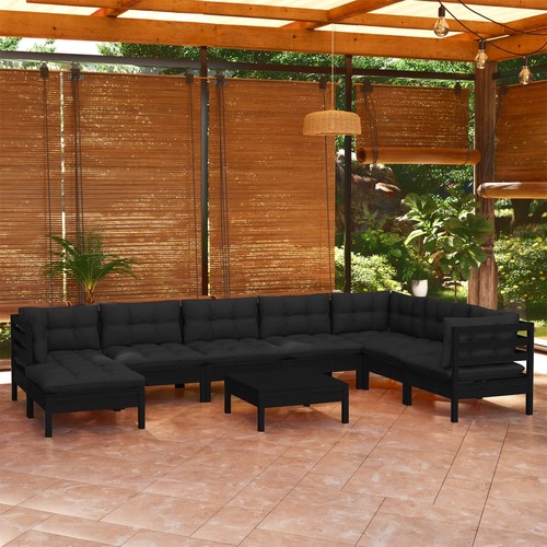 9 Piece Garden Lounge Set with Cushions Black Solid Pinewood