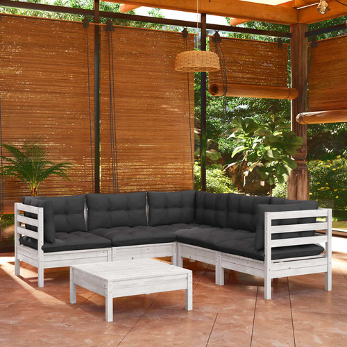 6 Piece Garden Lounge Set with Cushions White Solid Pinewood