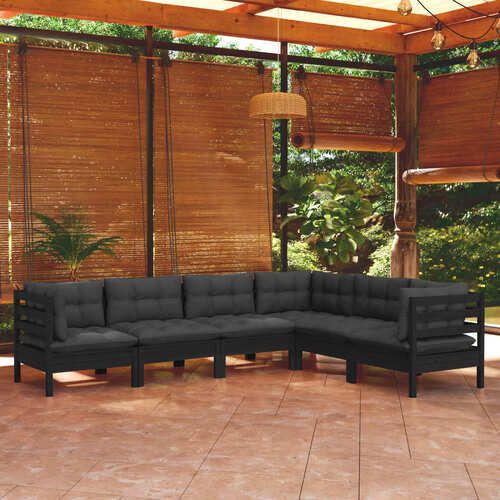 6 Piece Garden Lounge Set with Cushions Black Solid Pinewood