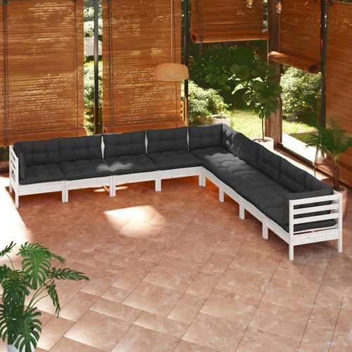 9 Piece Garden Lounge Set with Cushions White Solid Pinewood