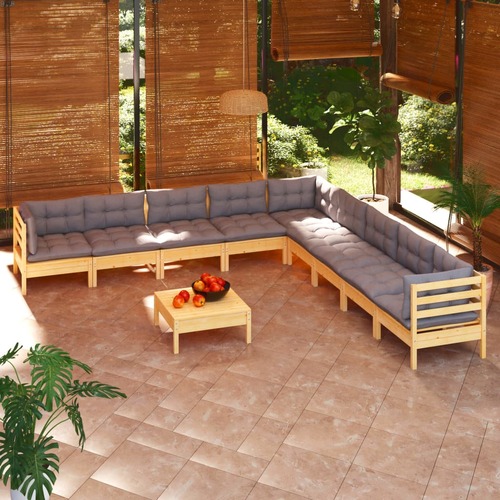 10 Piece Garden Lounge Set with Grey Cushions Solid Pinewood