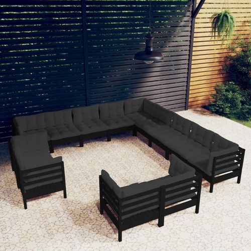 13 Piece Garden Lounge Set with Cushions Black Solid Pinewood