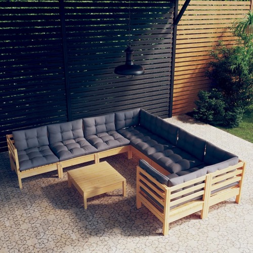 9 Piece Garden Lounge Set with Grey Cushions Pinewood