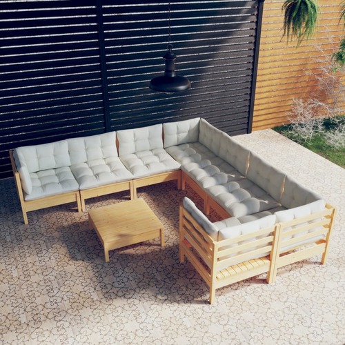 9 Piece Garden Lounge Set with Cream Cushions Pinewood