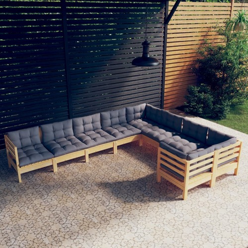 9 Piece Garden Lounge Set with Grey Cushions Pinewood