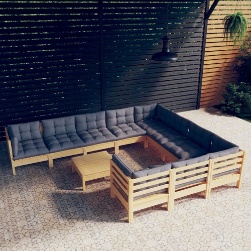 11 Piece Garden Lounge Set with Grey Cushions Pinewood