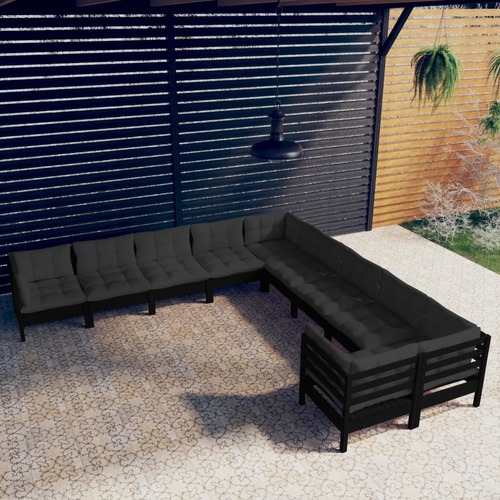 10 Piece Garden Lounge Set with Cushions Black Pinewood