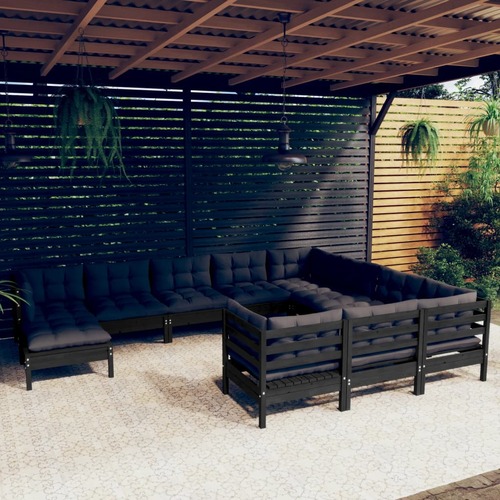 11 Piece Garden Lounge Set with Cushions Black Pinewood