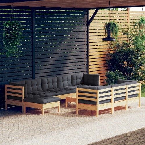 11 Piece Garden Lounge Set with Grey Cushions Solid Pinewood