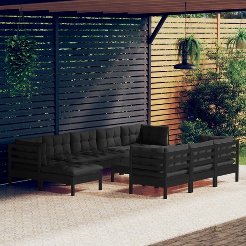 11 Piece Garden Lounge Set with Cushions Black Solid Pinewood