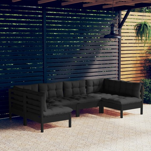 6 Piece Garden Lounge Set with Cushions Black Solid Pinewood