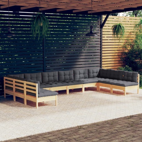 10 Piece Garden Lounge Set with Grey Cushions Solid Pinewood