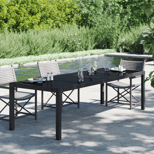 Garden Table Black 250x100x75 cm Tempered Glass and Poly Rattan